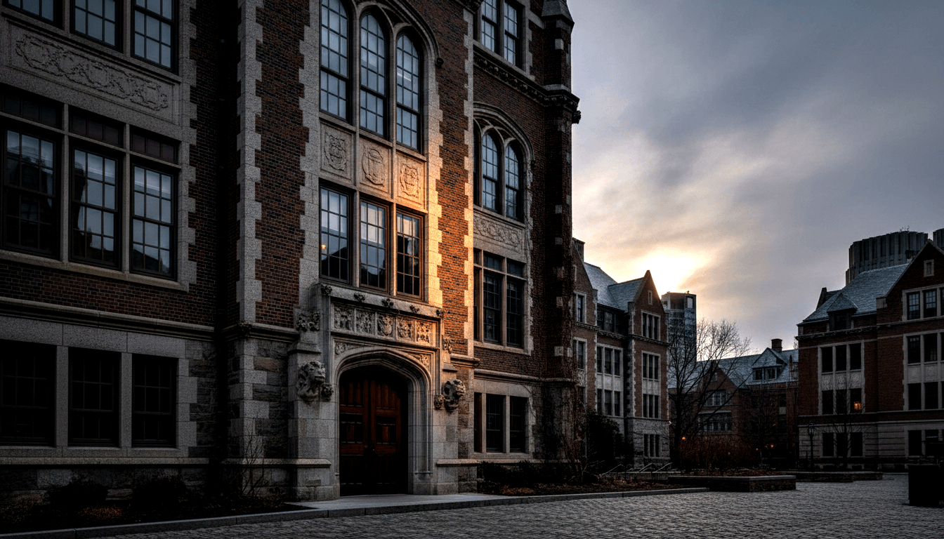 Gothic Revival brick building with pointed arch portal, red double doors, gargoyle carvings, and heraldic medallions on a cobblestone plaza.