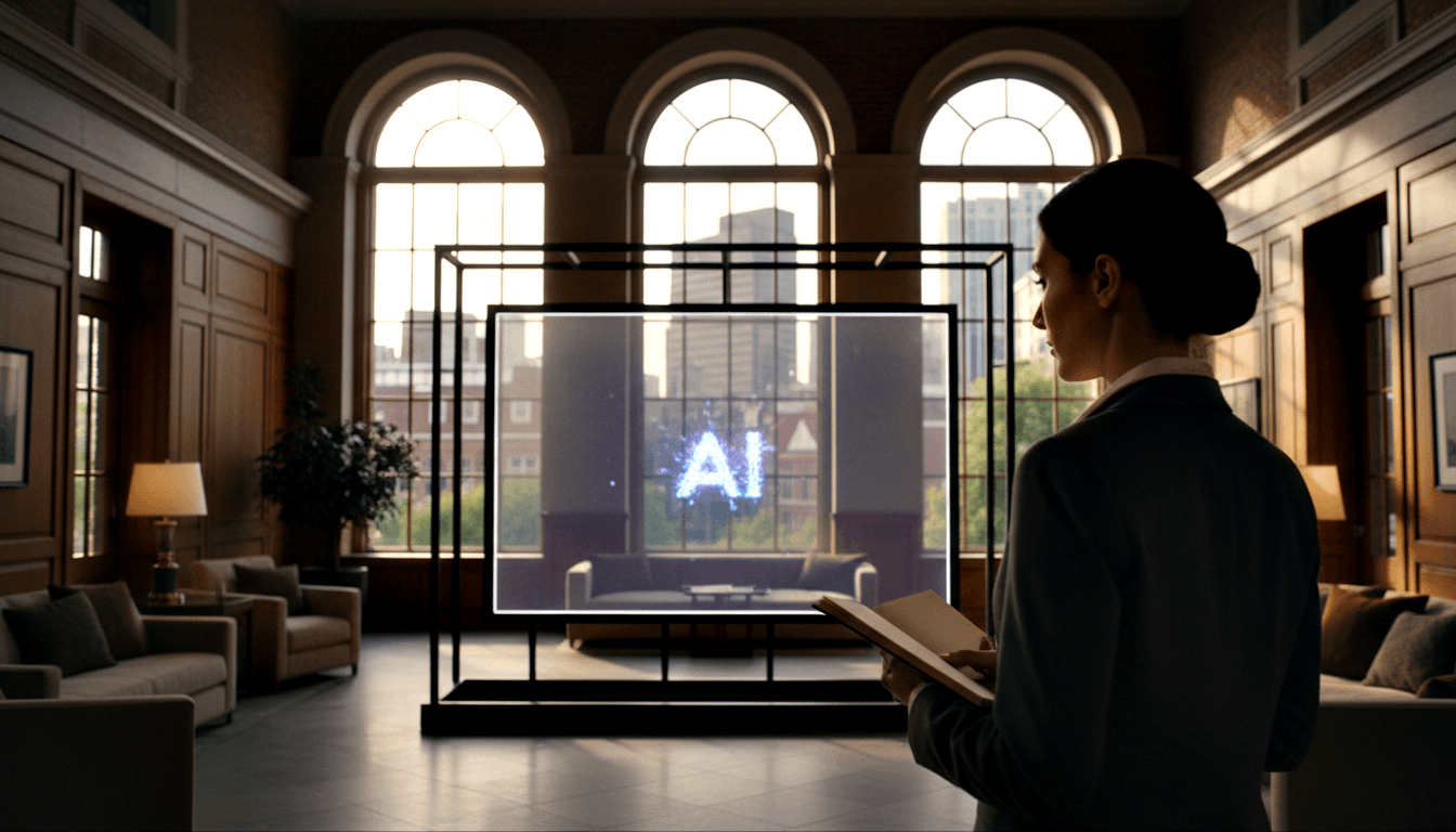 Woman in dark blazer holding a folder stands before a large transparent display showing glowing blue "AI" lettering in a grand interior.