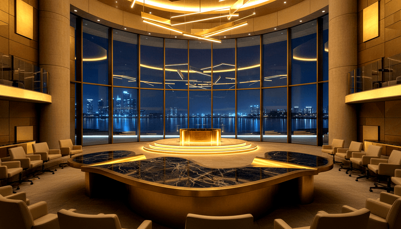 Circular boardroom, dark marble table, gold trim, cream chairs, geometric pendants, glass windows, nighttime waterfront view.