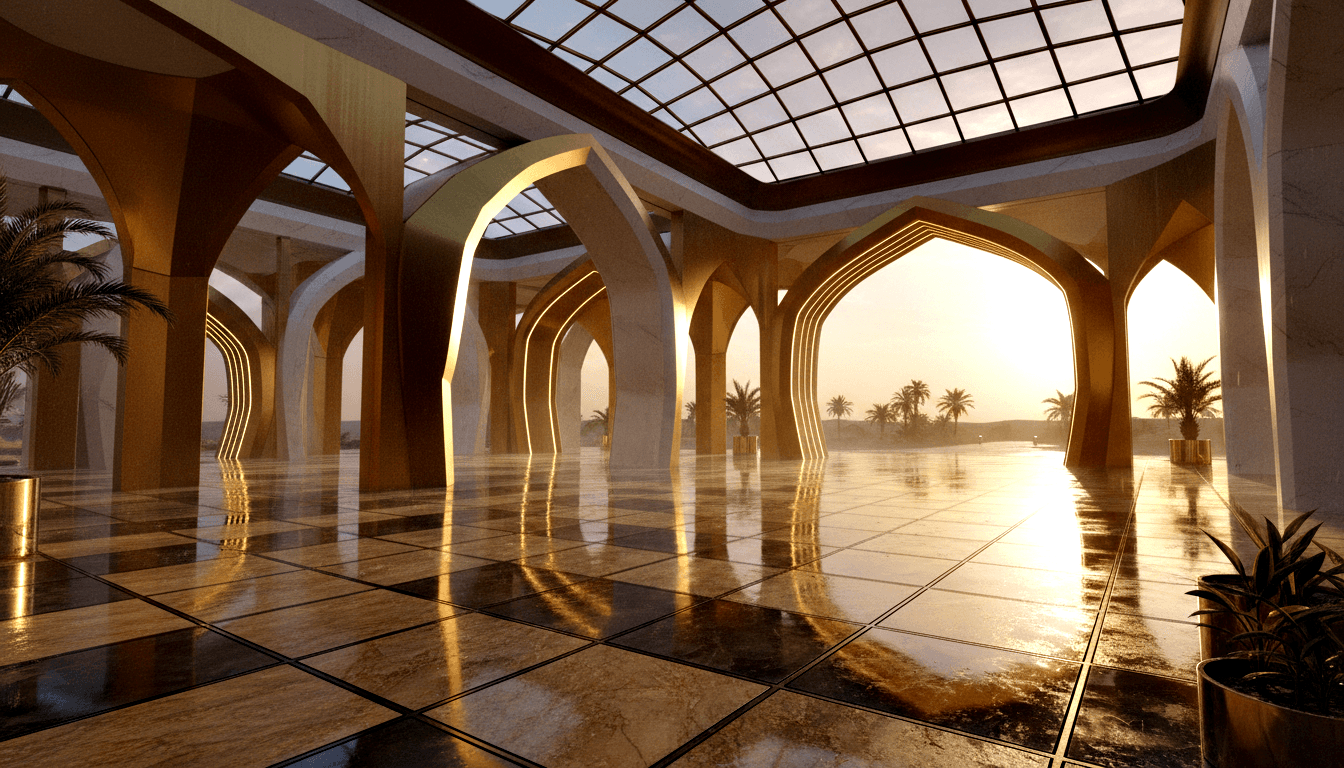 Grand colonnade of pointed ogee arches recedes toward palms; LED strips cast amber glow on polished cream marble floor.