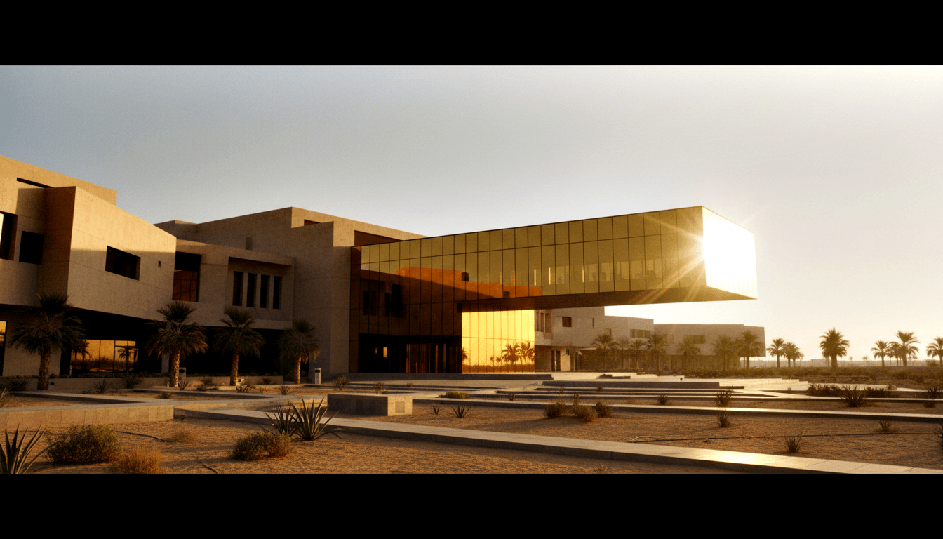 Multi-story desert building with cantilevered glass upper floor over stone base; stepped plaza with agave and date palms in foreground.