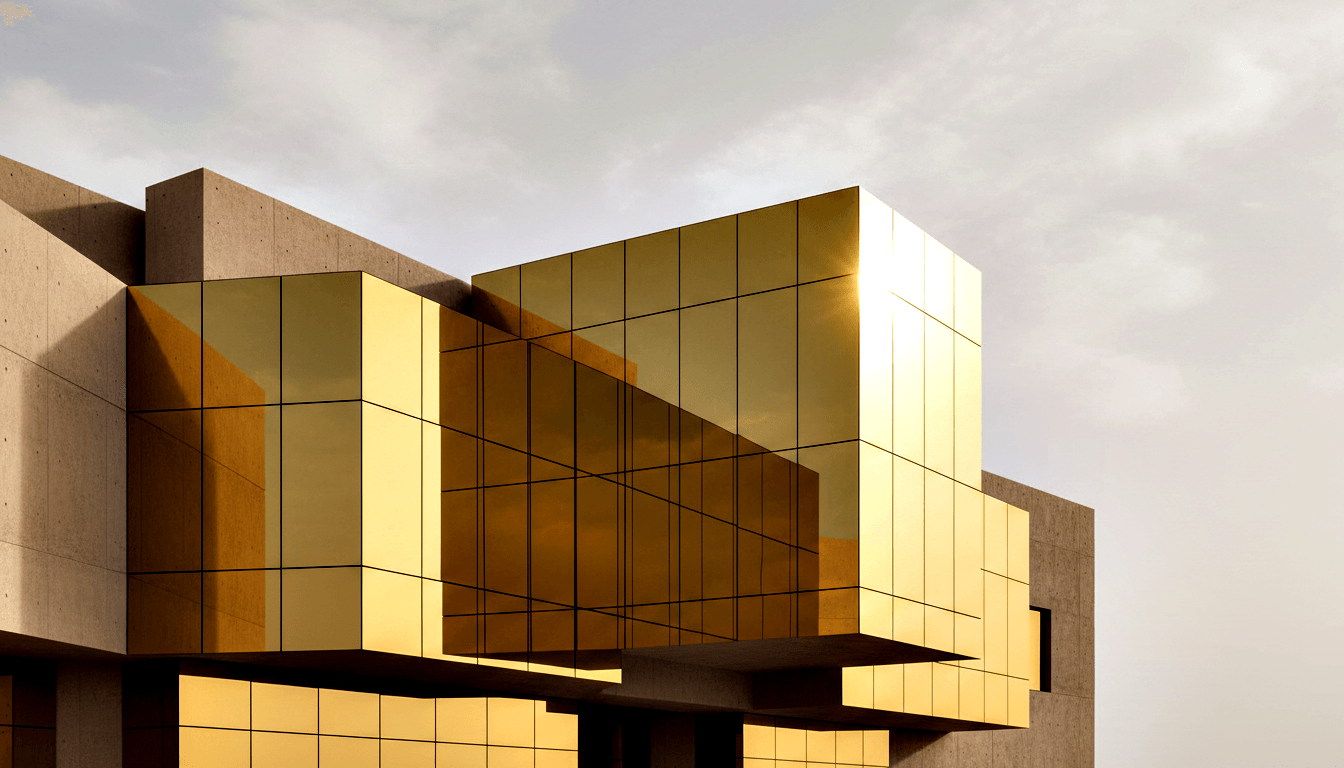 Low-angle view of a building corner with gold and brass-toned reflective cladding panels framed by raw concrete walls under an overcast sky.