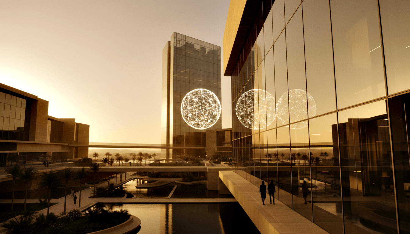 Two glowing wireframe spheres float in a plaza between glass towers at golden hour; a third sphere reflects in curtain-wall glass.
