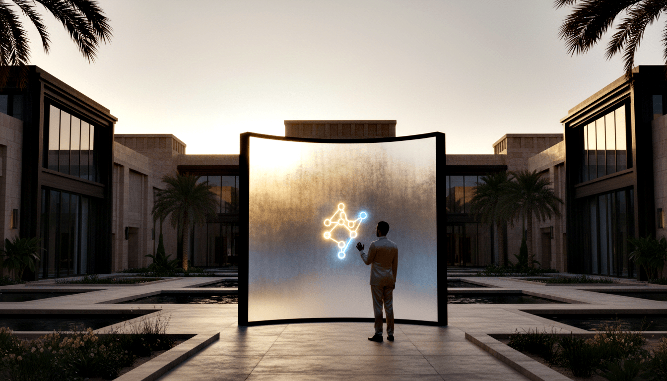Man in blazer with right arm raised toward a large framed network diagram with golden-orange and blue nodes in a symmetrical courtyard.
