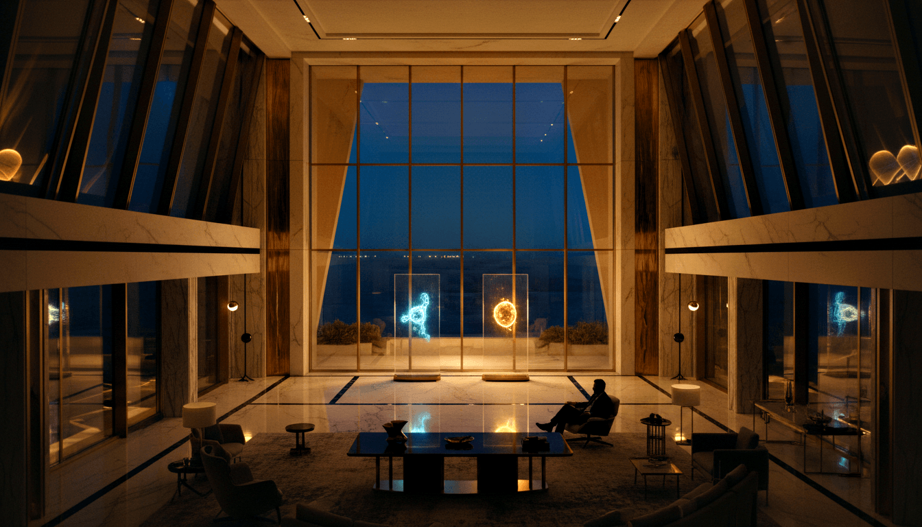 CGI triple-height interior with marble floors, amber-gold walls, and floor-to-ceiling windows opening to a terrace under a navy night sky.