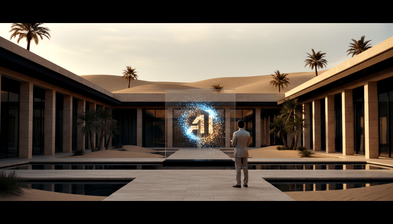 Man in beige suit faces holographic blue-gold display on stone walkway flanked by reflecting pools; modernist architecture, dunes beyond.