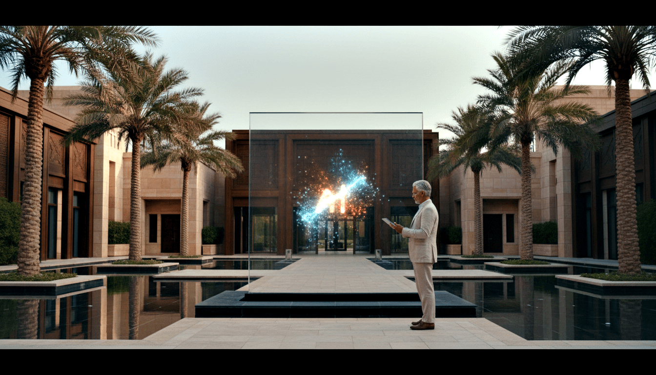 Silver-haired man in cream suit holds tablet before glowing cyan and orange panel in a palm-lined stone courtyard.