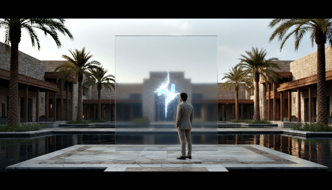 Man in gray suit facing tall glass panel with glowing cyan holographic Arabic calligraphic symbol in sandstone courtyard with palm trees.