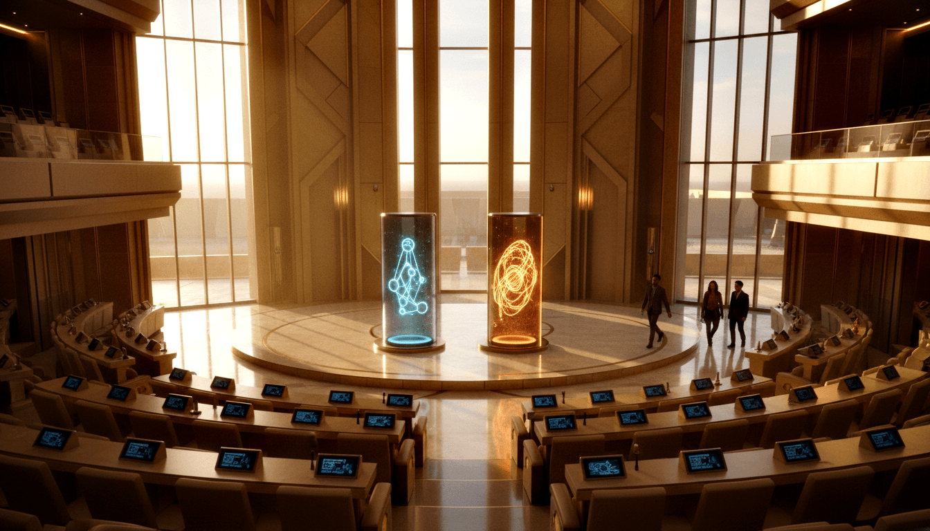 CGI overhead view of circular assembly chamber, tiered desks, blue molecular column left, amber energy column right, three figures.