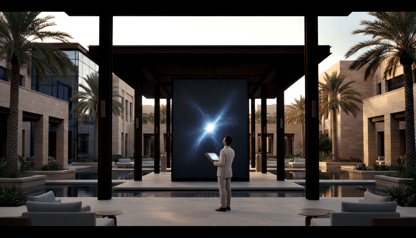 Person in beige suit holds glowing frame toward a dark panel emitting a blue-white starburst in a symmetrical courtyard.