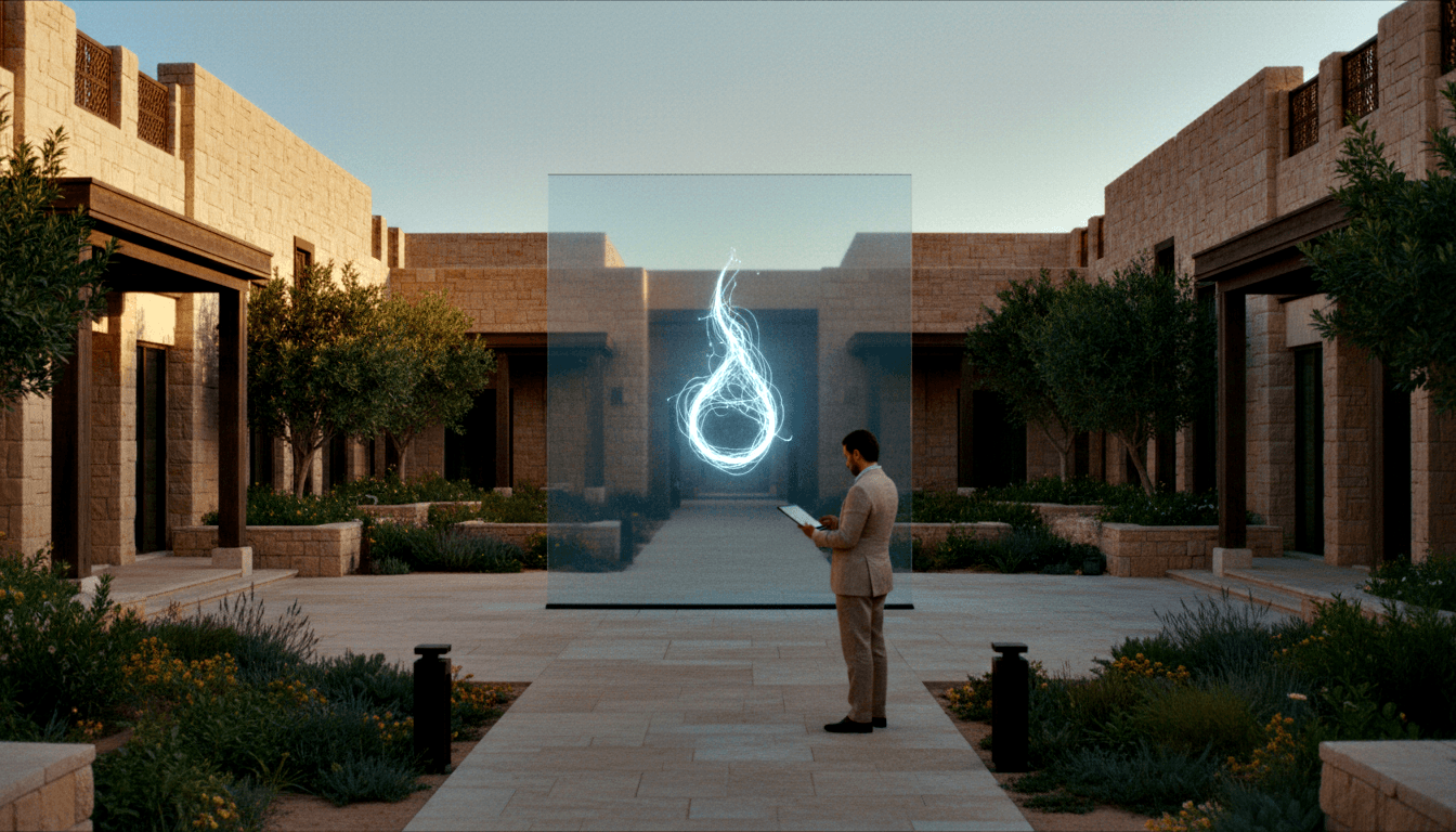 Man in beige suit with tablet faces glass panel showing swirling white energy form in colonnaded stone courtyard.