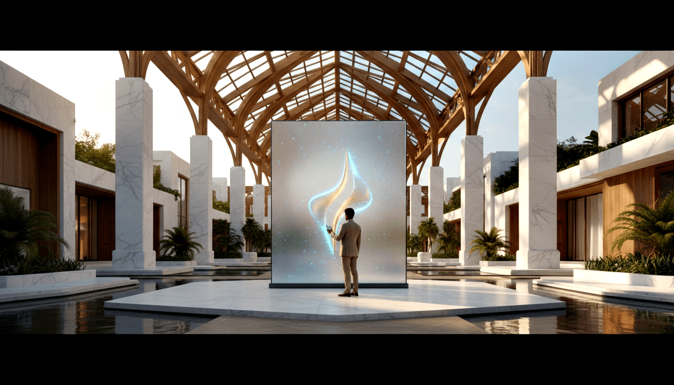 CGI adult in beige suit stands on marble platform facing a large panel emitting swirling golden-cyan flames in a marble atrium.