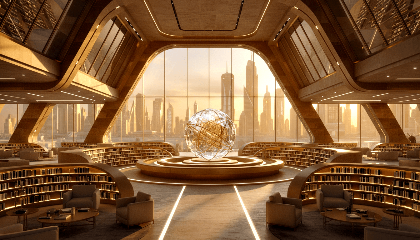 Library with crystalline globe sculpture, curved bookshelves, beige armchairs, and glass windows overlooking skyscrapers.