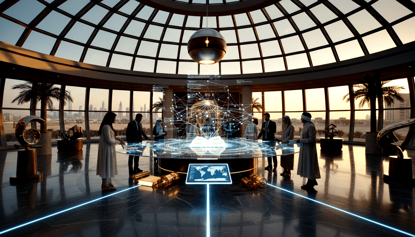 Glass-domed rotunda with marble floors, holographic table projecting a book node network; figures in robes hold gold scroll cylinders.
