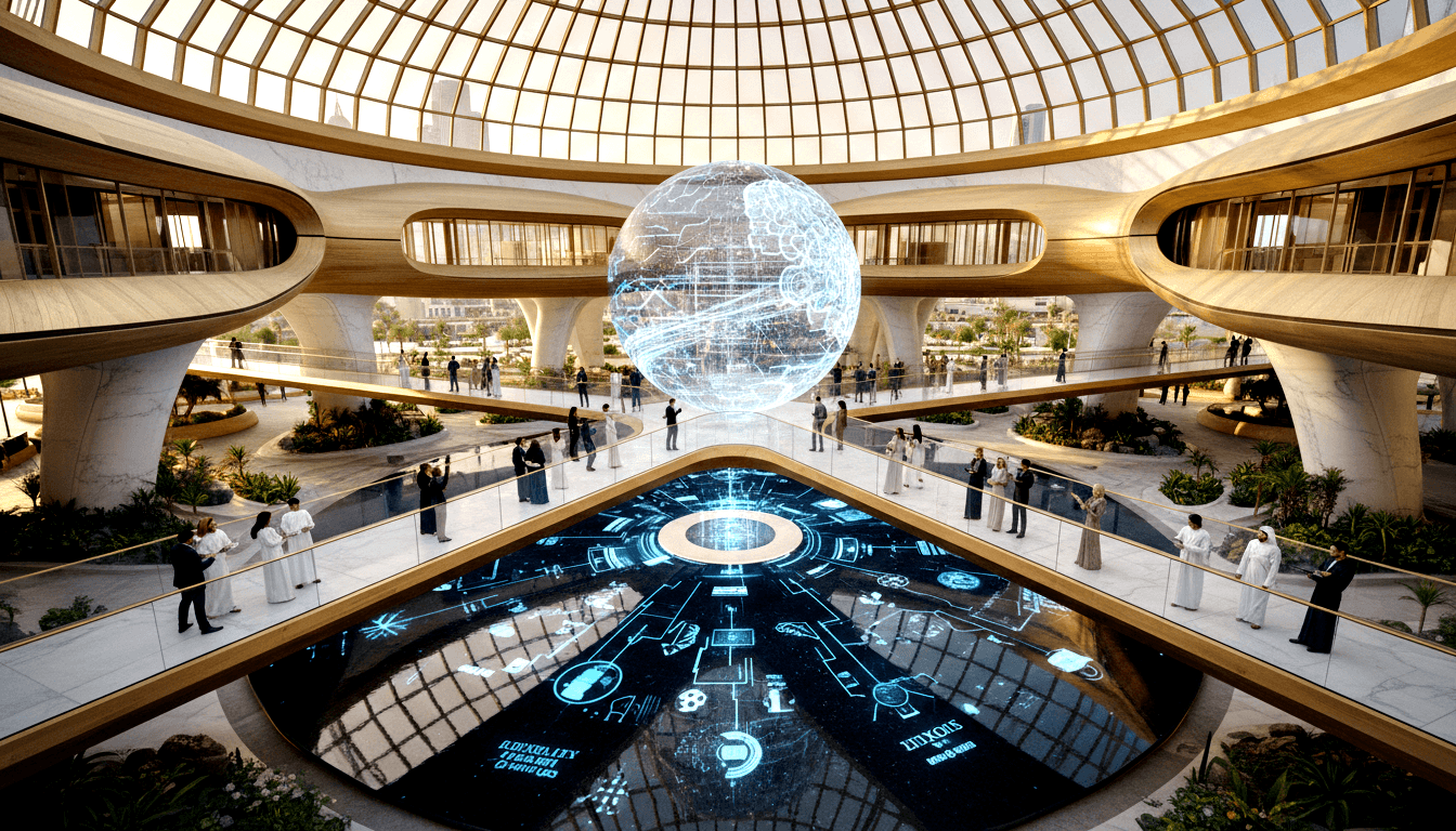 CGI atrium: glowing translucent sphere floats over cyan circuit-diagram floor, geodesic dome, gold balconies, ~30 visitors.