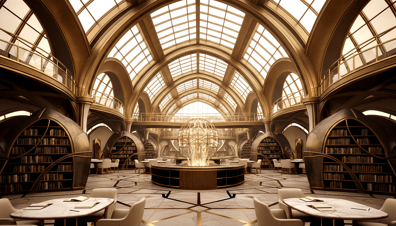 CGI symmetrical library with gold spherical sculpture, multi-level balconies, mahogany bookshelves, barrel-vaulted glass skylight.