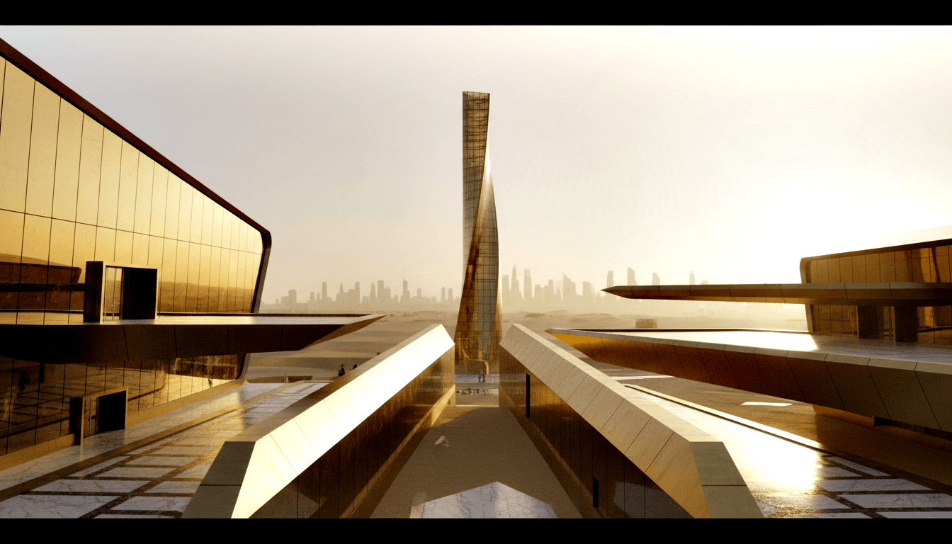 CGI plaza: slender spiraling tower in golden backlight, flanked by cantilevered glass structures, tiny figures at base.