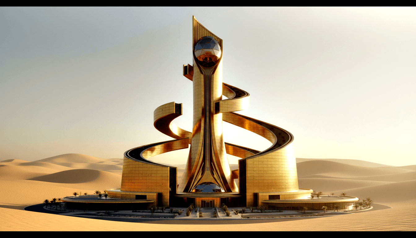 Gold-clad futuristic spire with helical bands and dark sphere near top, rising from circular base in desert with flanking cylinders.