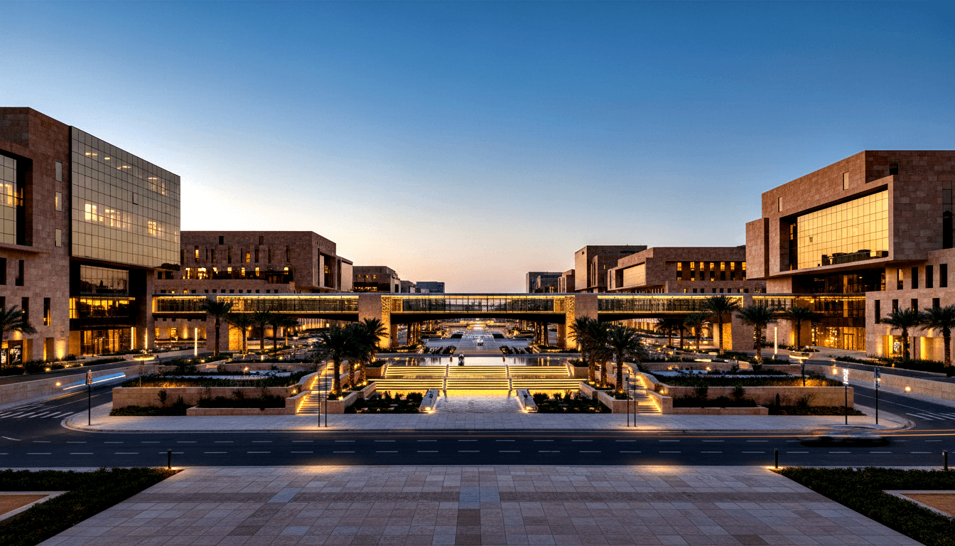 Symmetrical sandy-brown stone complex with palm-lined promenade, tiered water cascades, and glass bridges at dusk.