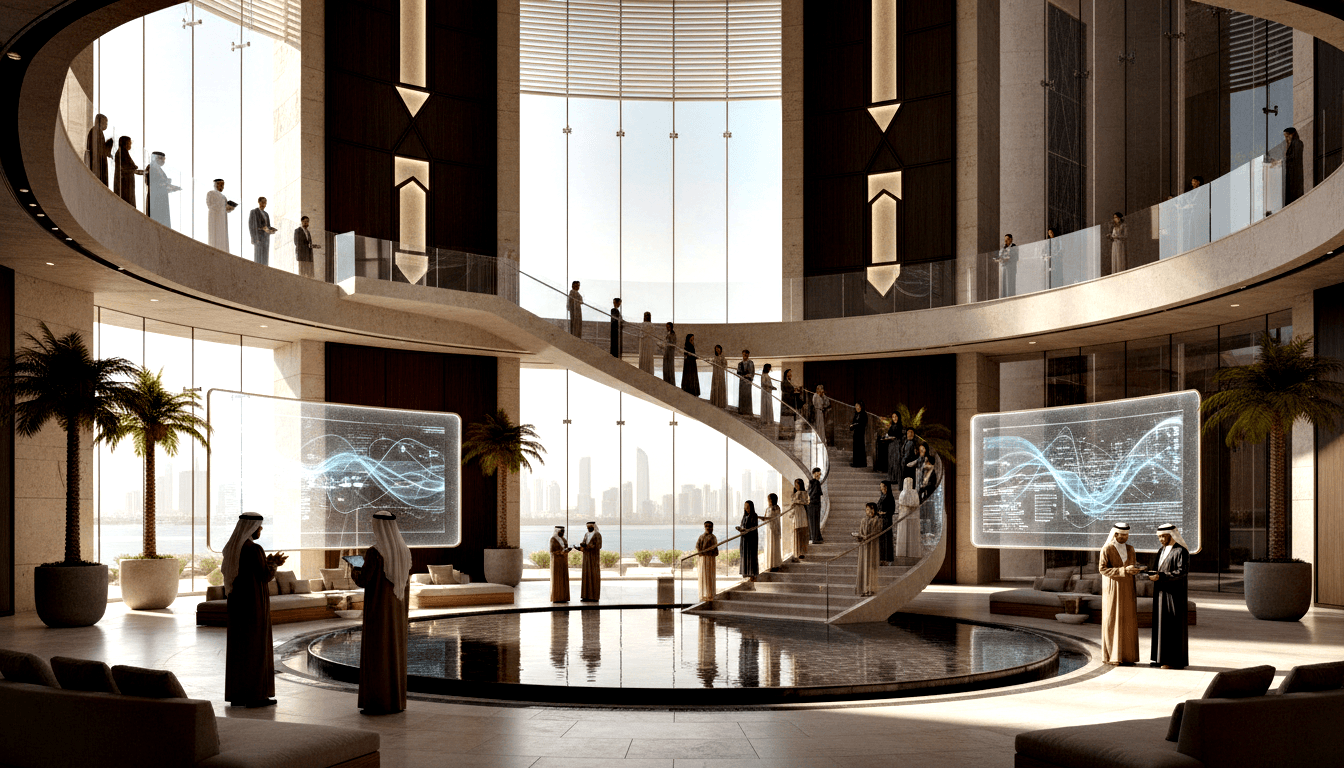 Grand atrium with marble spiral staircase, reflective pool, cyan holographic screens, glass walls overlooking waterfront skyline.