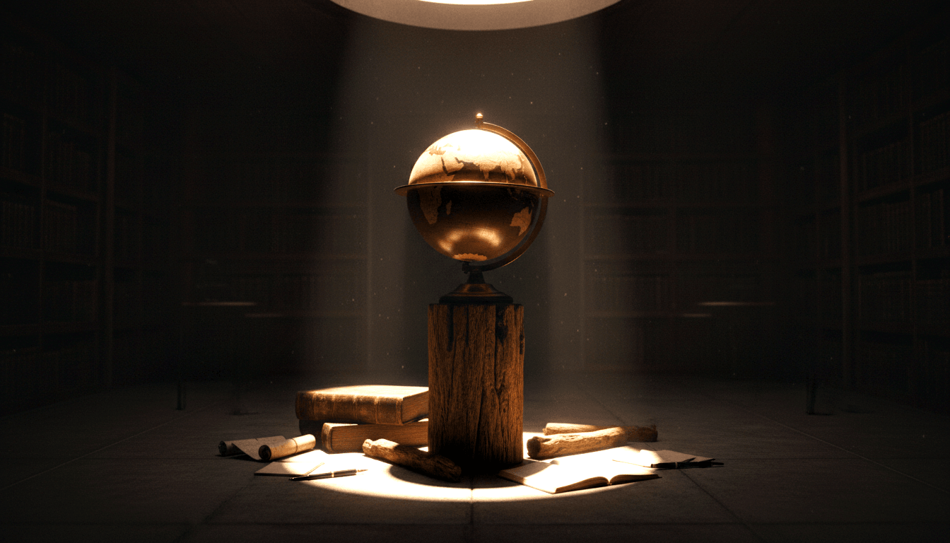 Golden antique terrestrial globe on a log pedestal under a warm spotlight, surrounded by books, scrolls, and a quill on the floor.