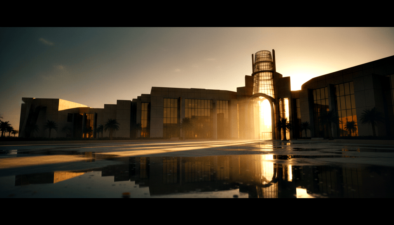 Glass cylindrical tower with arched base flanked by beige curtain-wall buildings, backlit by low sun with golden lens flare over wet plaza.