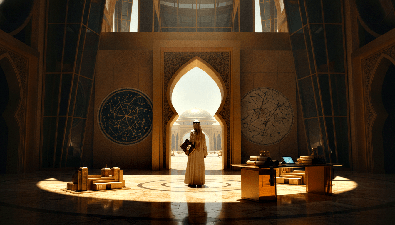 Robed figure seen from behind, centered in a pointed horseshoe arch opening to a domed courtyard, flanked by navy celestial chart medallions.