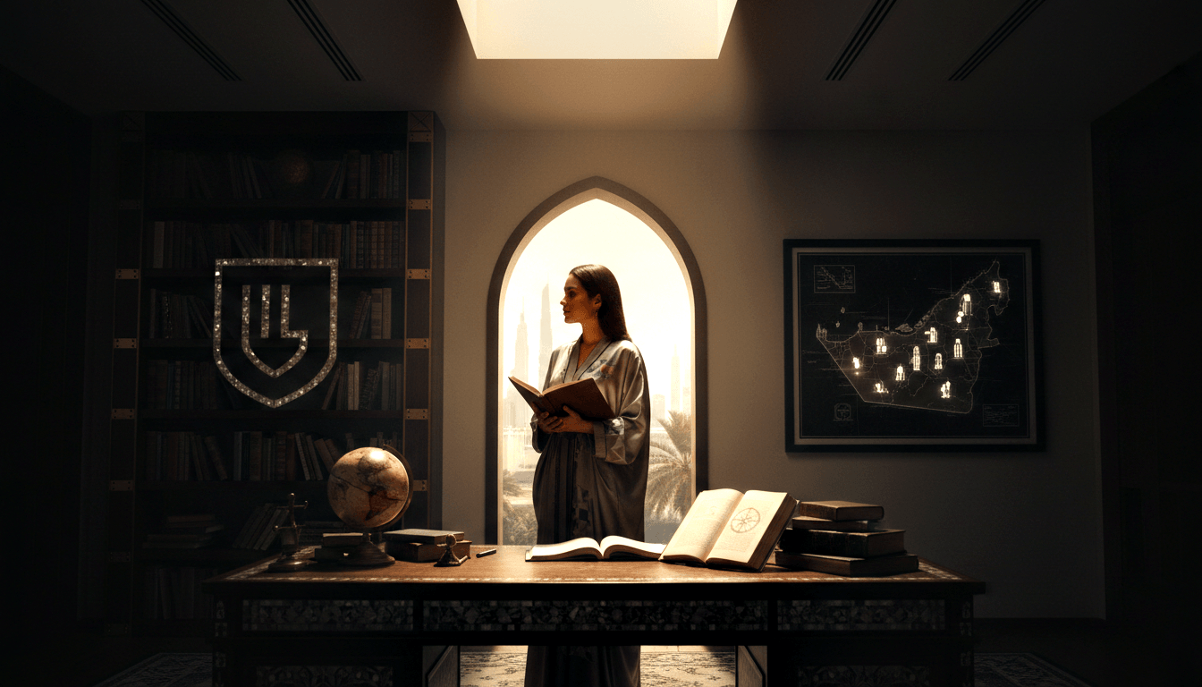 Woman in gray embroidered robe holds open book in glowing arch alcove; desk with stacked books and globe, bookshelf and map on walls.