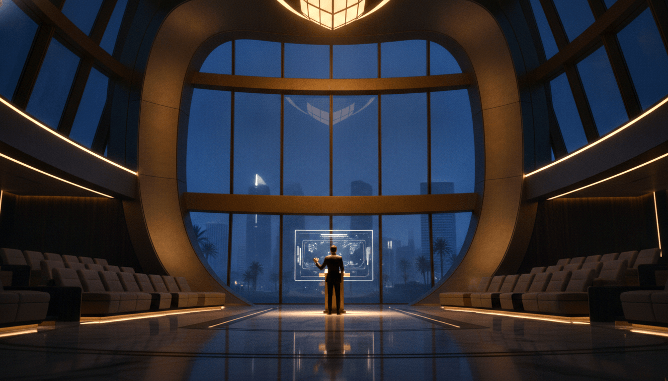 Figure in dark suit faces holographic panel in vast auditorium with tiered seating and curved window showing night skyline.