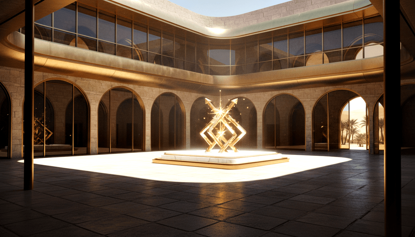 Glowing golden geometric sculpture with interlocking rhombuses and starburst center on stepped pedestal, rays on dark slate floor.
