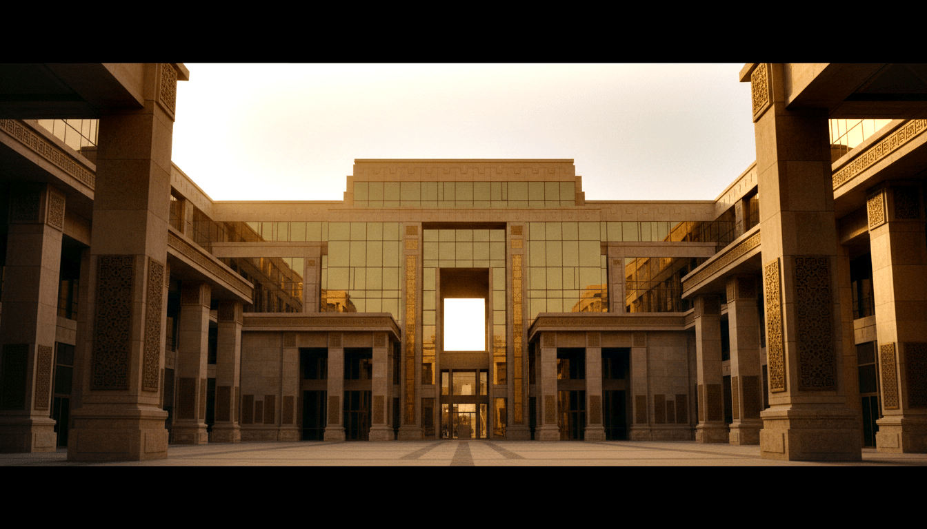 Symmetrical monumental building with central arched gateway, colonnaded wings, geometric lattice stonework, and green-gold glass curtain walls.