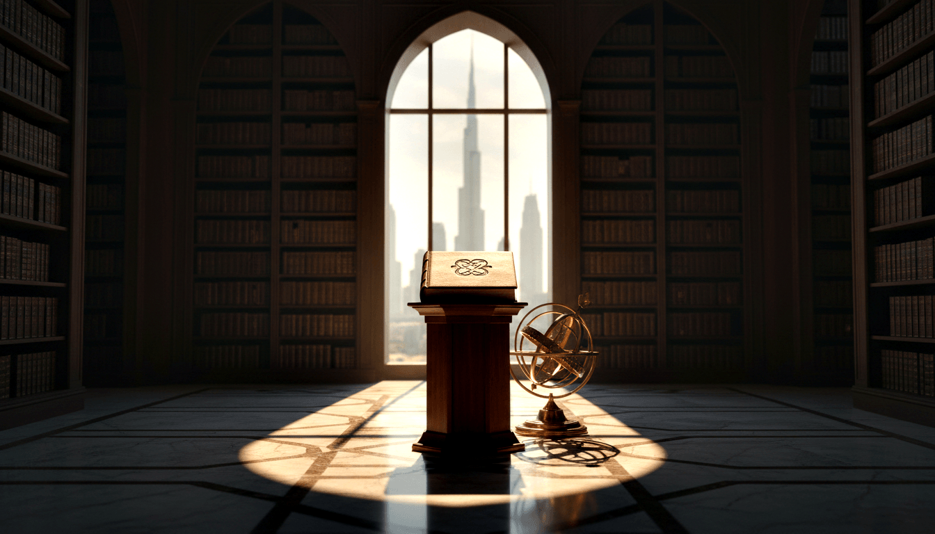 CGI library with floor-to-ceiling leather books, carved lectern, brass armillary sphere, Gothic-Moorish window, modern skyline beyond.