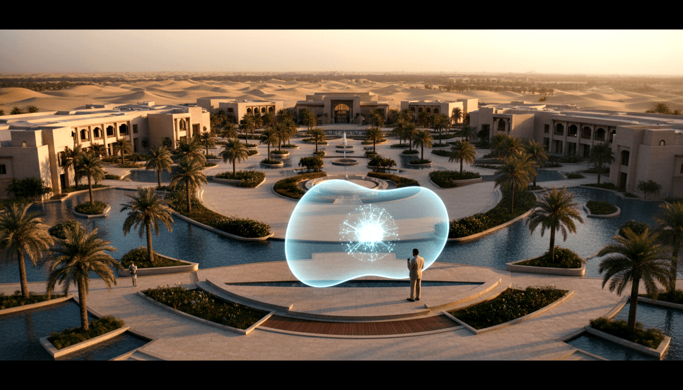 CGI desert palace courtyard at dusk; glowing cyan-teal orb with white core floats before a standing figure, warm sunset behind.