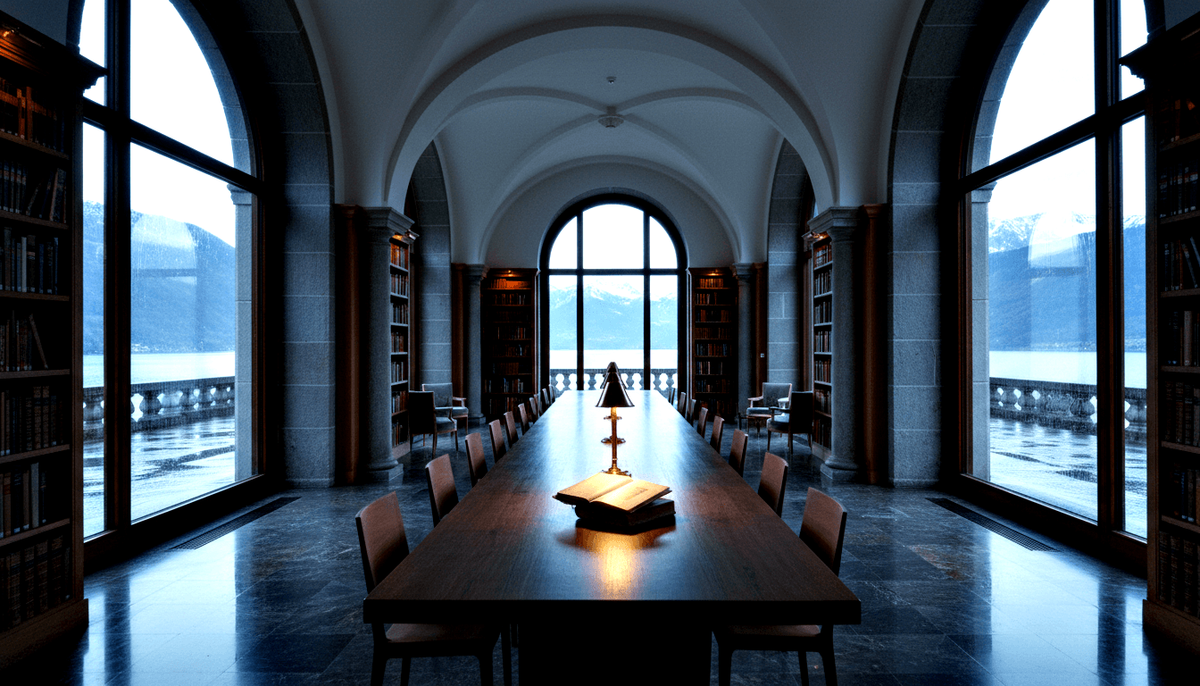 Classical library hall with vaulted groin ceilings, stone columns, and arched windows; long wooden table with one lit brass lamp on an open book.