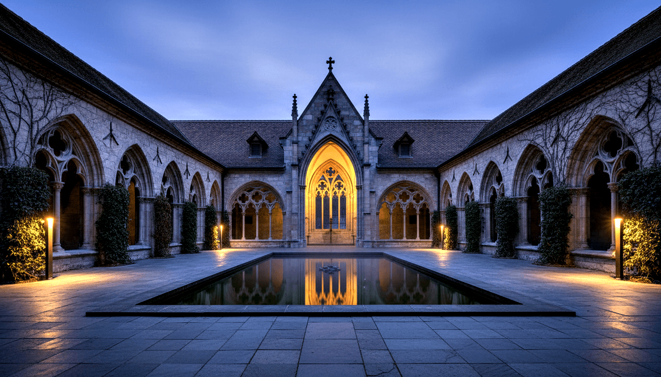 Symmetrical Gothic stone courtyard at dusk with central ogival arch, wooden double doors, cross, arcaded galleries, and central reflecting pool.