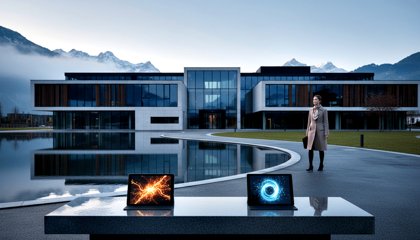 Woman in beige coat stands before a glass-facade building reflected in a pool; two open laptops on a stone bench show orange and blue patterns.