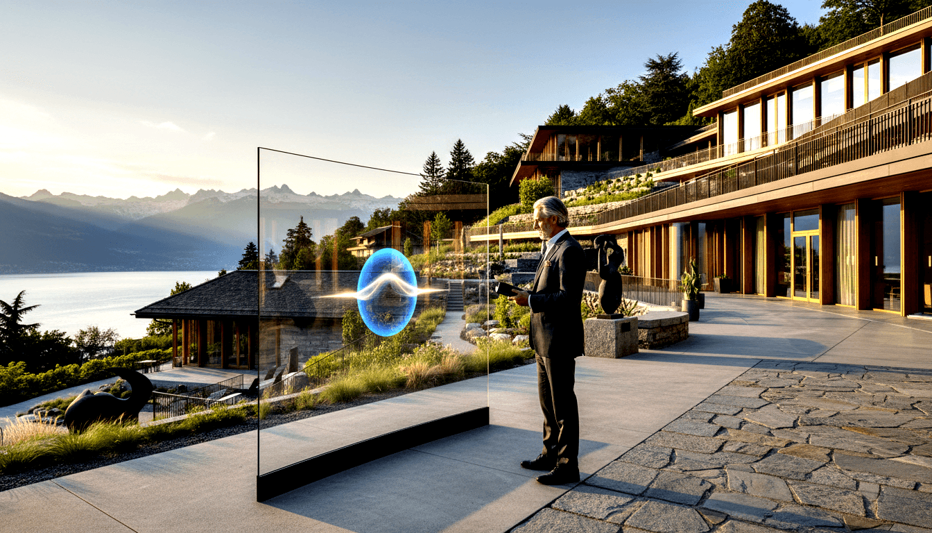 Silver-haired man in dark suit holds device before a transparent panel displaying a glowing blue holographic orb with white energy streaks.