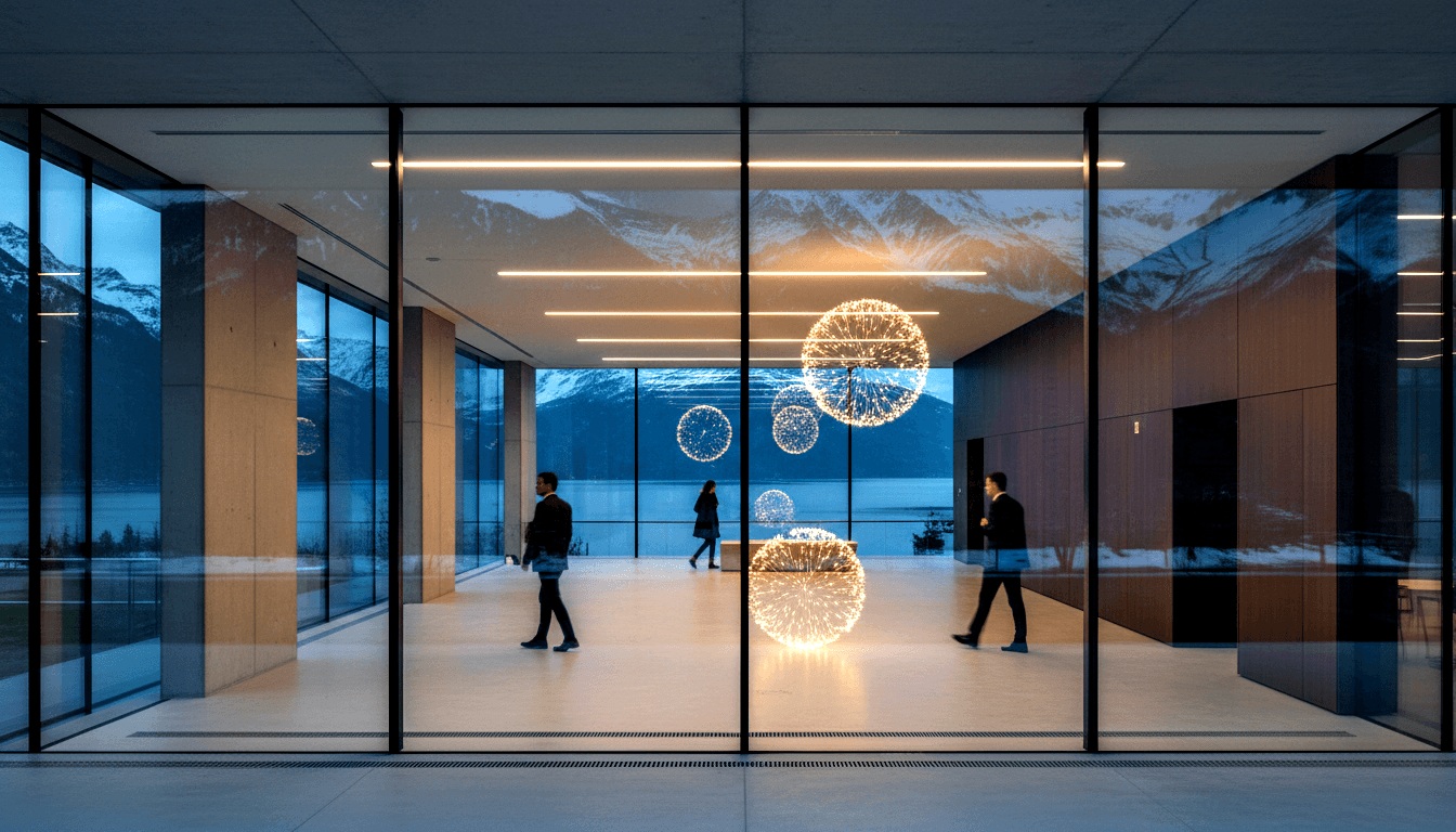 Minimalist lobby with wood panels, amber starburst sculptures, three figures, twilight alpine mountains visible through glass facade.