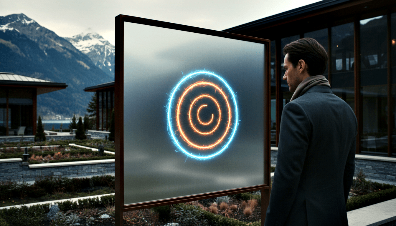 Man in charcoal overcoat gazes at copper-framed panel emitting glowing orange spiral with blue-cyan energy; mountains behind.