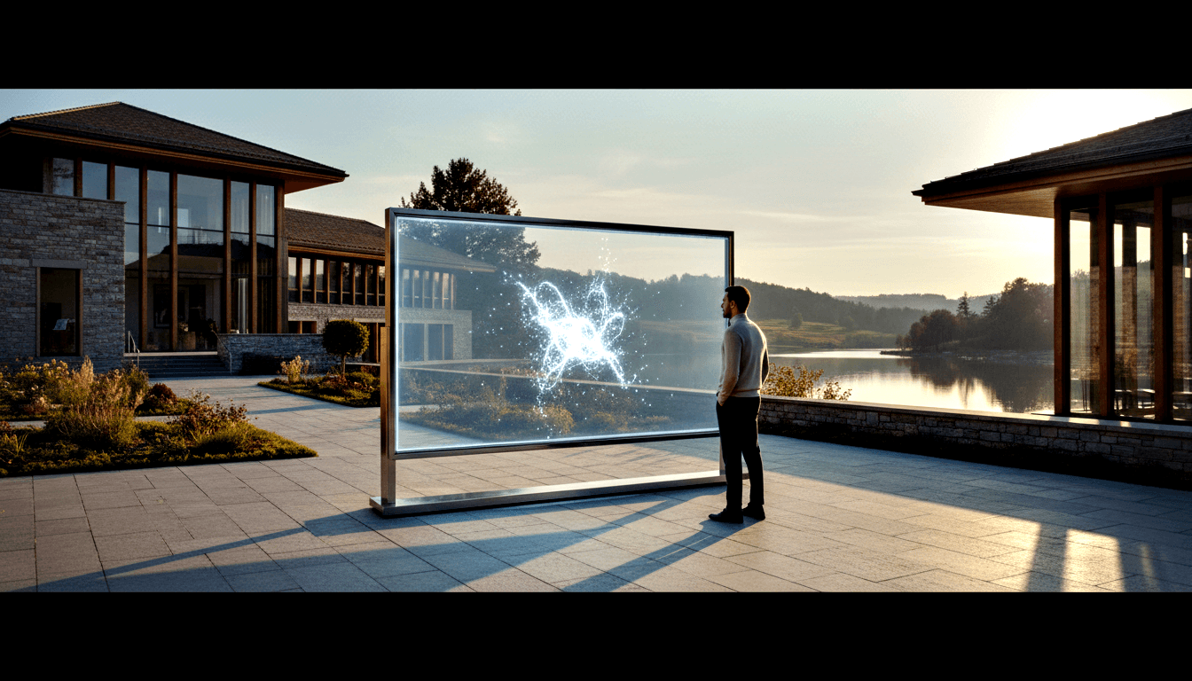 Man in cream sweater stands before a large transparent panel displaying glowing interconnected light particles on a stone terrace by a lake.