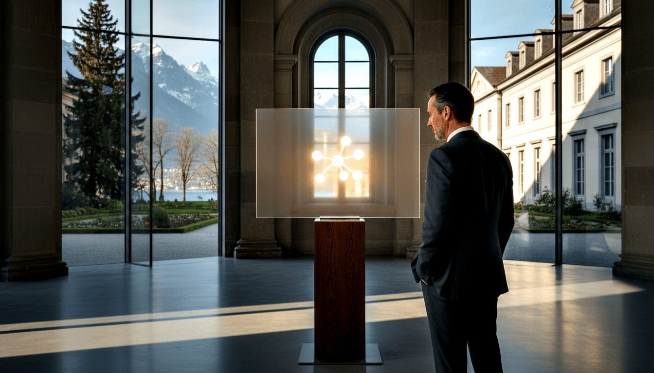 Bearded middle-aged man in navy suit, hands in pockets, studies glowing amber network symbol on frosted panel atop dark mahogany pedestal.