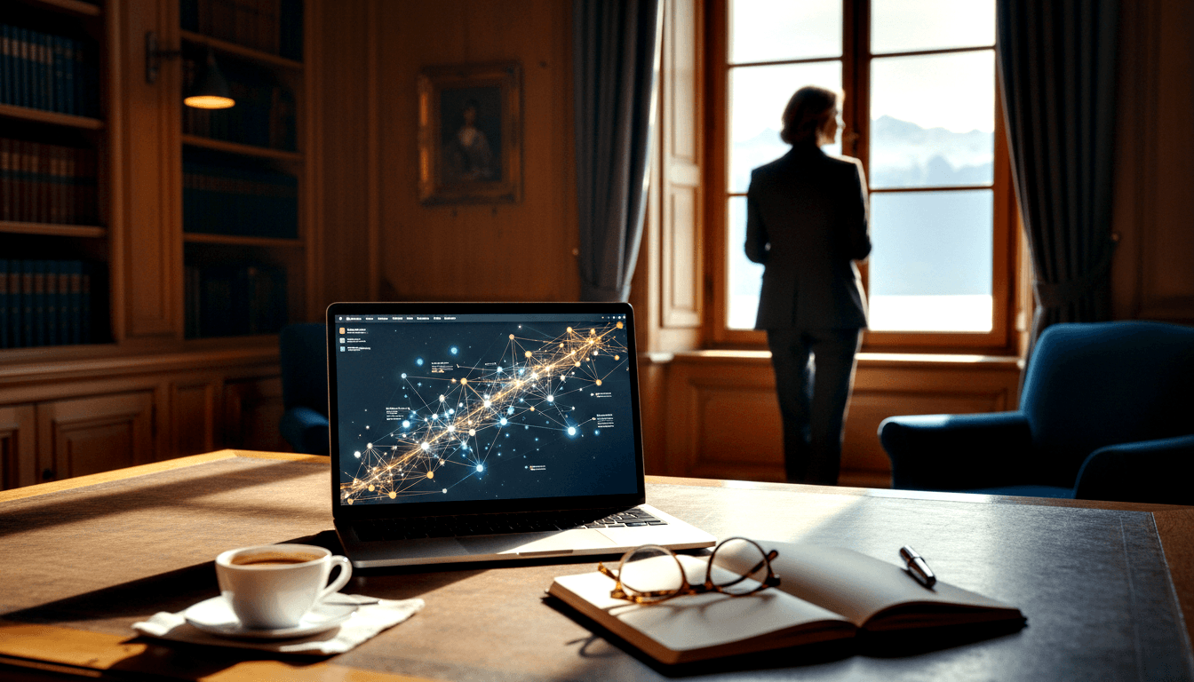 Dark wooden desk with laptop showing amber network visualization, ceramic cup, notebook, glasses, pen; silhouetted figure faces windows.