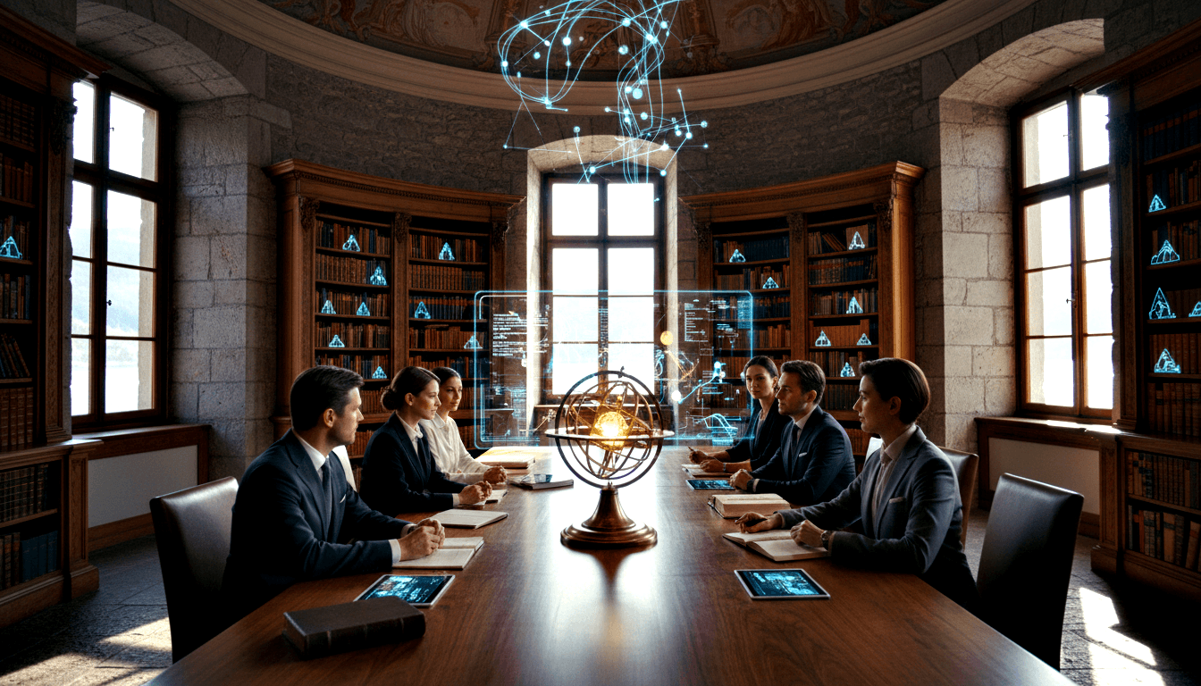Six professionals in formal attire sit at mahogany table under frescoed dome with cyan holographic displays and glowing armillary sphere.