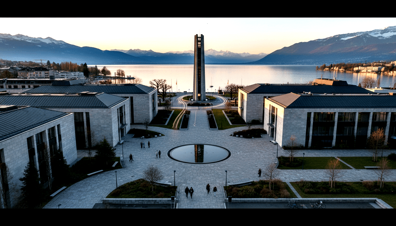 Modernist stone complex framing a plaza with a slender tower, red flags, and alpine lake reflecting snow-capped mountains at golden hour.