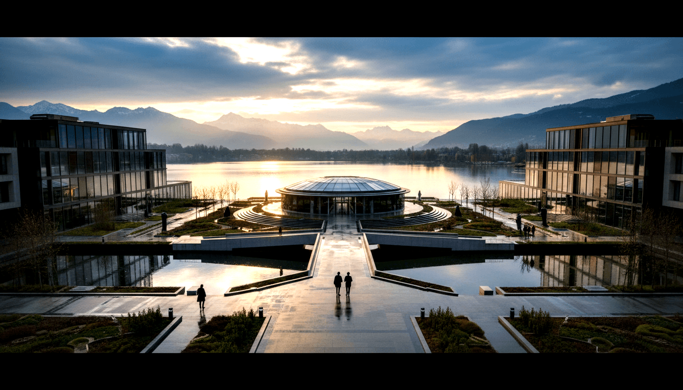 Circular glass rotunda with stepped approach flanked by two rectangular glass-and-steel buildings beside a calm lake with snow-capped mountains.