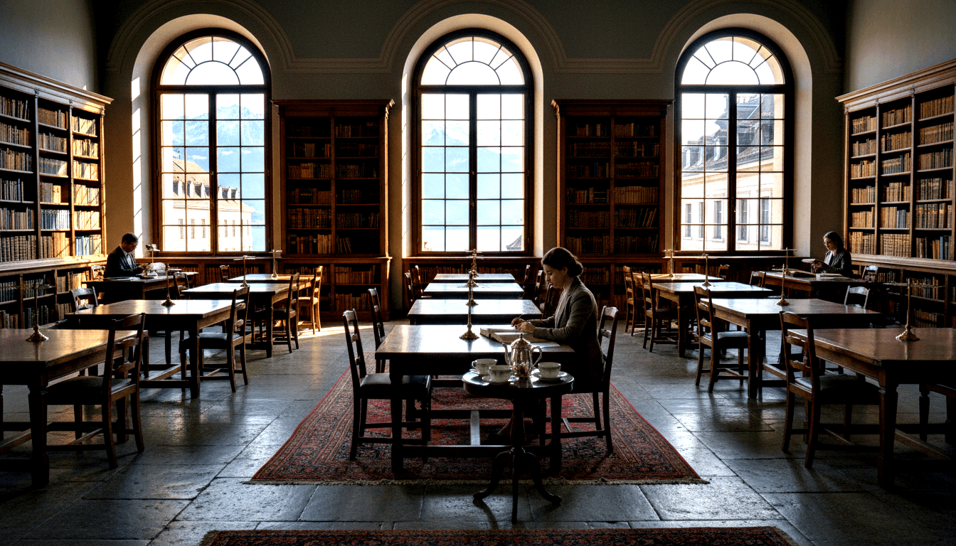 Dark-haired woman in gray-olive jacket writes at a wooden table with candelabras and tea service in a classical library reading room.