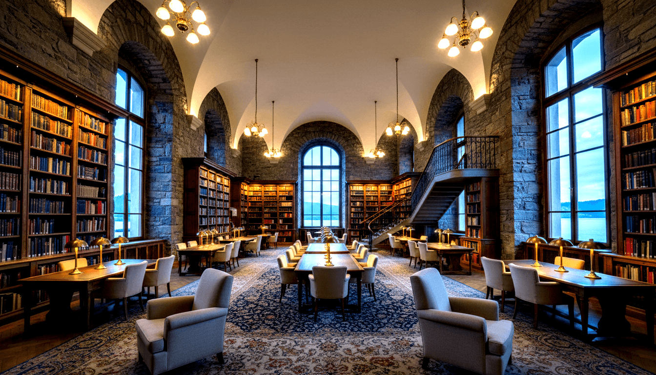 Grand library with Romanesque stone arches, vaulted ivory ceiling, tall windows, wooden tables, brass lamps, wrought-iron spiral staircase.