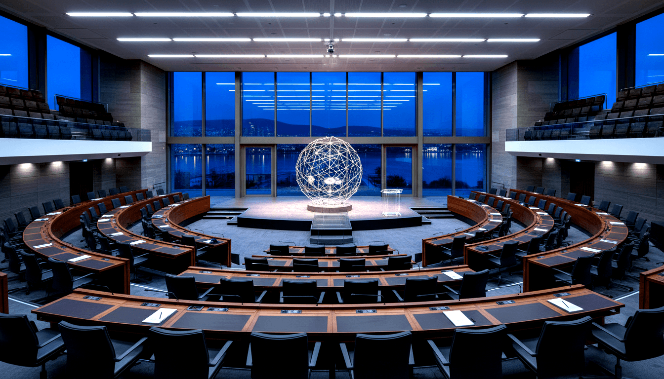 Empty semicircular legislative chamber at night with tiered wooden desks, a wire-frame geodesic sphere on a pedestal, and a transparent lectern.