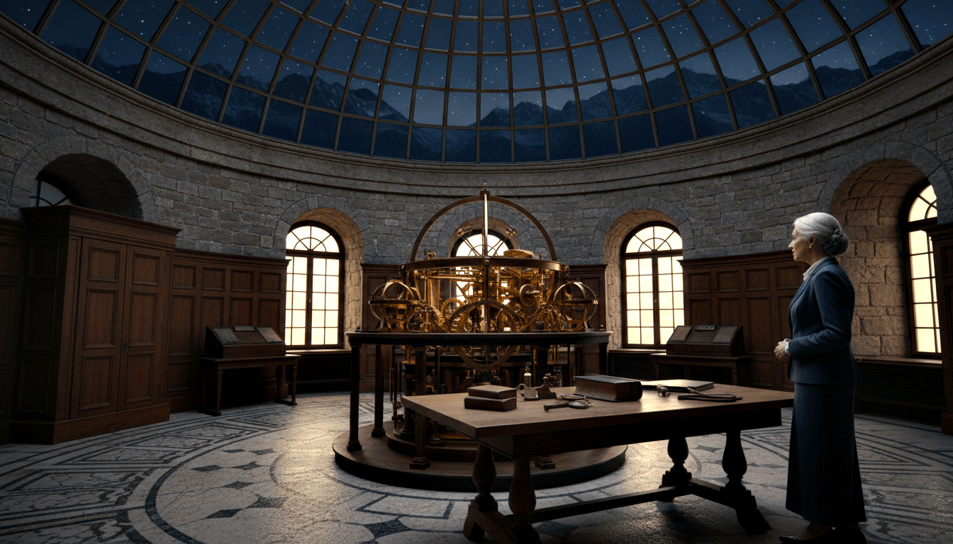 Elderly woman beside brass orrery in domed stone chamber; compass-rose floor, starry night sky overhead. CGI render.