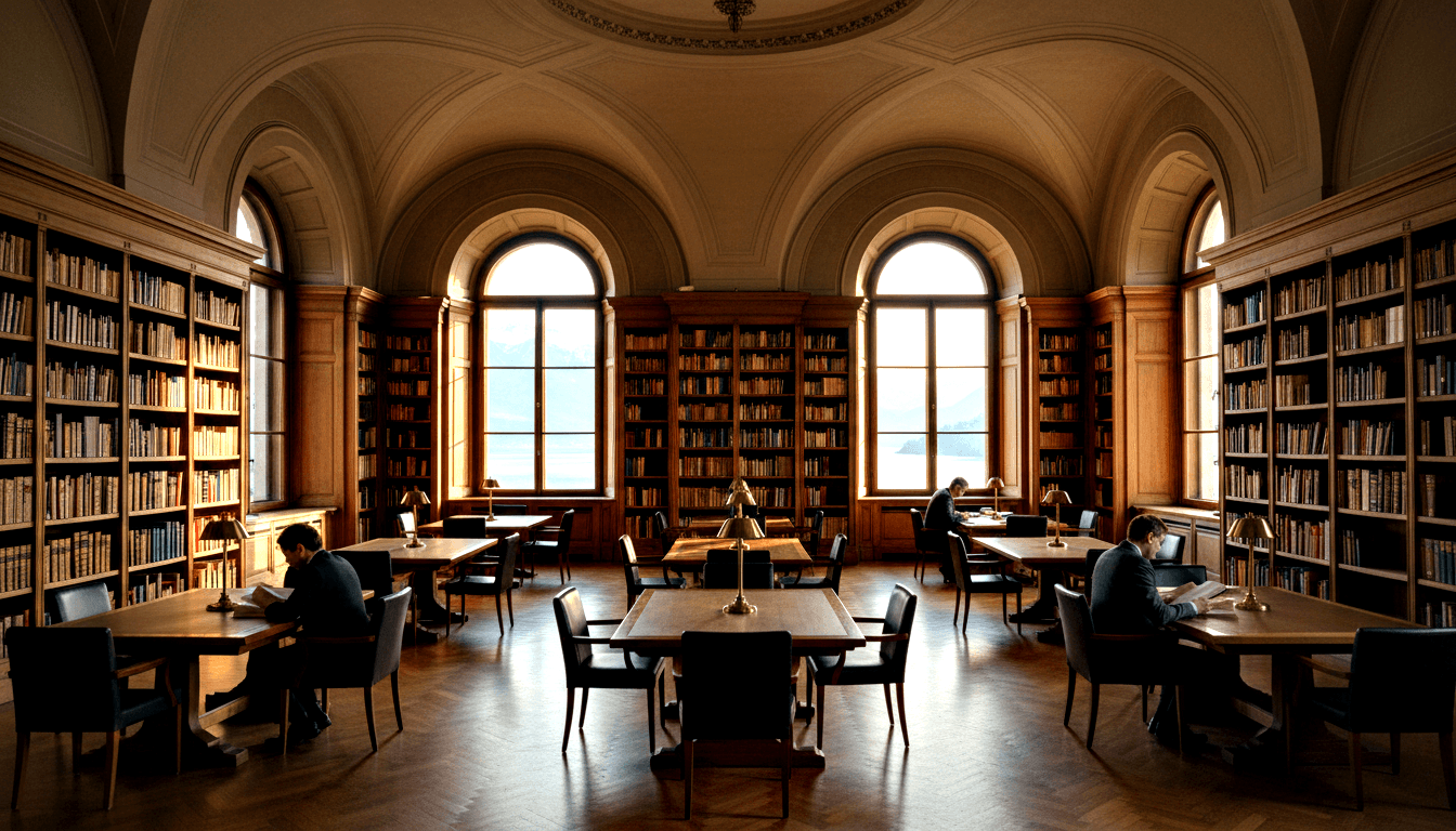 Grand library reading room: vaulted ceiling, floor-to-ceiling bookshelves, parquet floor, arched windows overlooking water and mountains.